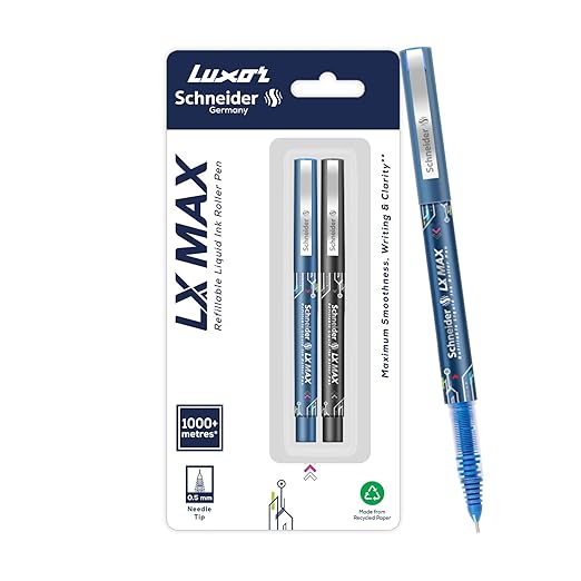 Luxor Schneider LX MAX roller ball pen, Pack of 2, 1 Blue+ 1 Black, Needle Tip, 0.5mm, 100% German Technology, 1000+ mtrs writing length, Waterproof Ink, Ideal for Students & Professionals