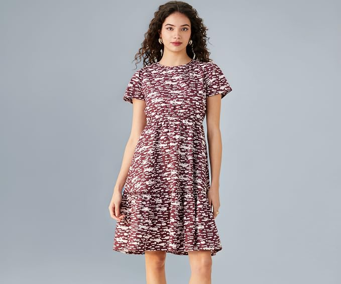 Amazon Brand - Symbol Women Rayon Fit and Flare One Piece Knee Length Tiered Dress (Available in Plus Sizes)