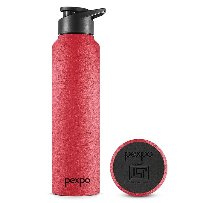 Pexpo Chromo Pro 1000 ISI Certified Stainless Steel Sports/Fridge Water Bottle With Dual Cap - 950ml | Single Wall | Leakproof | Lightweight | For Home, Office, Gym, Travelling, Trekking - Crimson Red