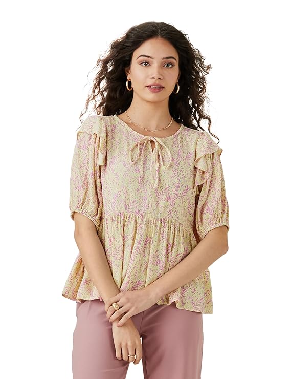 Amazon Brand - Eden & Ivy Women's Crinkled Rayon Round Neck Half Sleeve Fit & Flare Blouse (Available in Plus Sizes)
