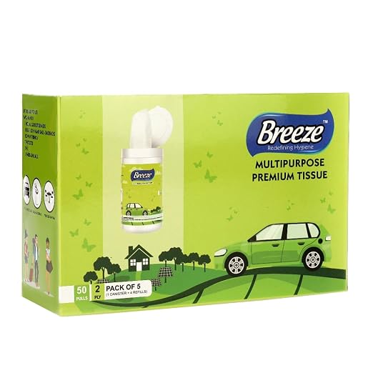 BREEZE 2-Ply Multipurpose Tissue Paper Sheets - 50 Pulls, Pack of 5 (1 Canister + 4 Refills)- White