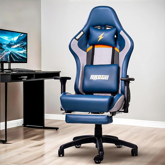 BAYBEE Drogo Racer Ergonomic Gaming Chair with Footrest, Breathable Fabric, Adjustable Seat & 3D Arm Rest | Head & Massager Lumbar Support Pillow | Home & Office Chair with Full Recline (Blue)