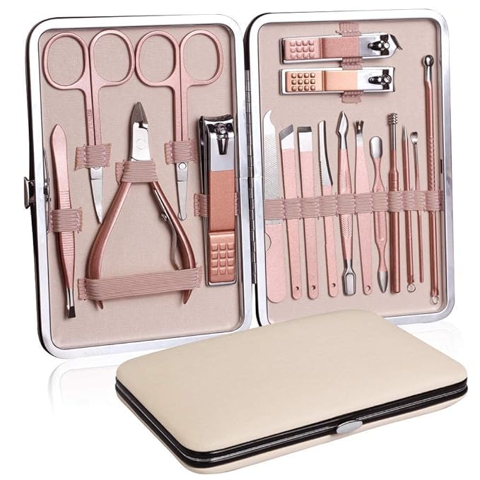 [Apply Coupon] - Wazdorf 18 IN 1 Stainless Steel Professional Manicure Set Nail Cutter For Women Nail Scissors Luxury Grooming Kit Manicure Pedicure Kit For Women Nail Acne Remover needle (18 IN 1)