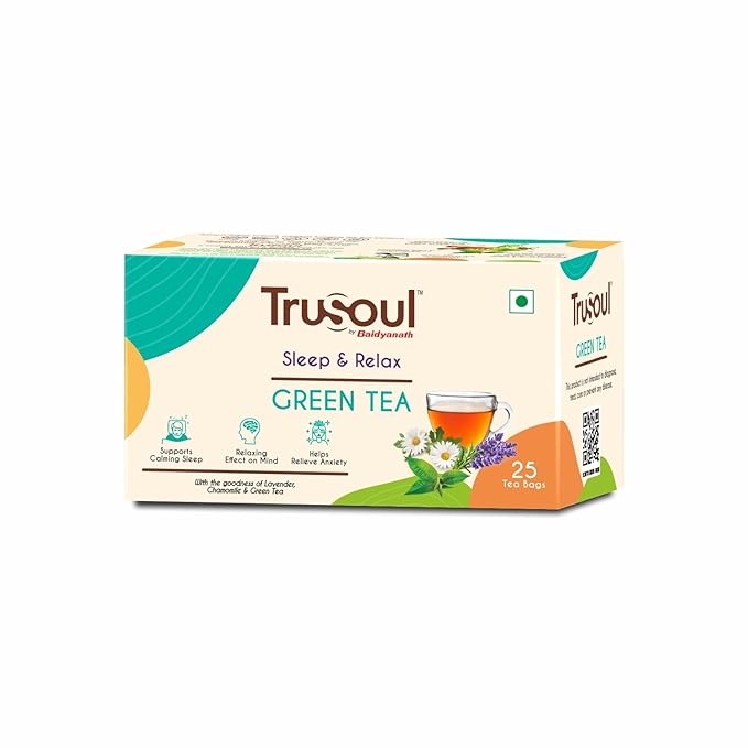TruSoul By Baidyanath Natural Herbal Sleep and Relax Green Tea, Infused with Lavender and Chamomile, Promotes Sleep and Calms Mind with Benefits of a Relaxing Herbal Kadha (25 bags)