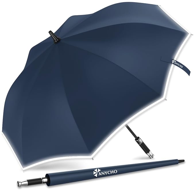 [Apply Coupon] - ANYCHO Big Umbrella for Men, Large Umbrella with Reflective Stripe for Women and Family, Windproof, UV Protection Auto Open Golf Umbrella Big Size for 2-4 Men