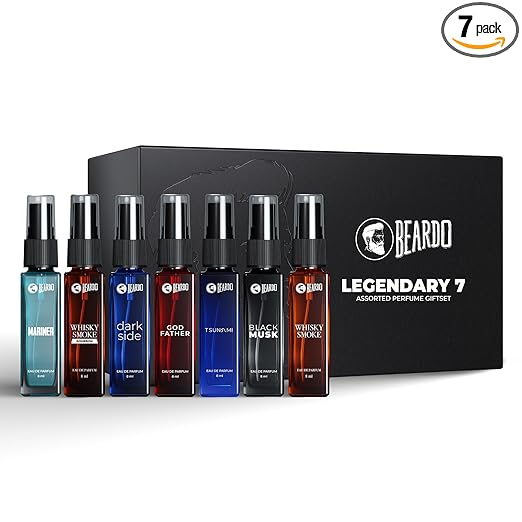 Beardo Legendary 7 Assorted Perfume Gift Set for Men 7X8ml with Long Lasting Fragrances | Travel Pack with Mariner Whisky Smoke Dark Side God Father Tsunami & Black Musk | Rakhi Gift for Brother | Gift for boyfriend | Gift for Men | Gift for Brother