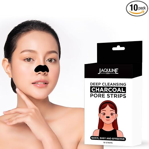 JAQULINE USA Charcoal Nose Pore Strips | Deep Cleansing Nose Strips for Blackhead & Whitehead Removal | Infused with Bamboo Charcoal & Aloe Vera | Unclogs Pores & Removes Oil & Dead Skin - 10 Strips