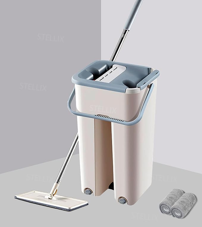 Moppers for Cleaning Floor| Mop Bucket for Home & Kitchen| Flat Mop with Telescopic Mopping Stick| Floor Cleaners Pocha Mob for Wet & Dry Cleaning Supplies with 2 Microfiber Pad| Small Beige