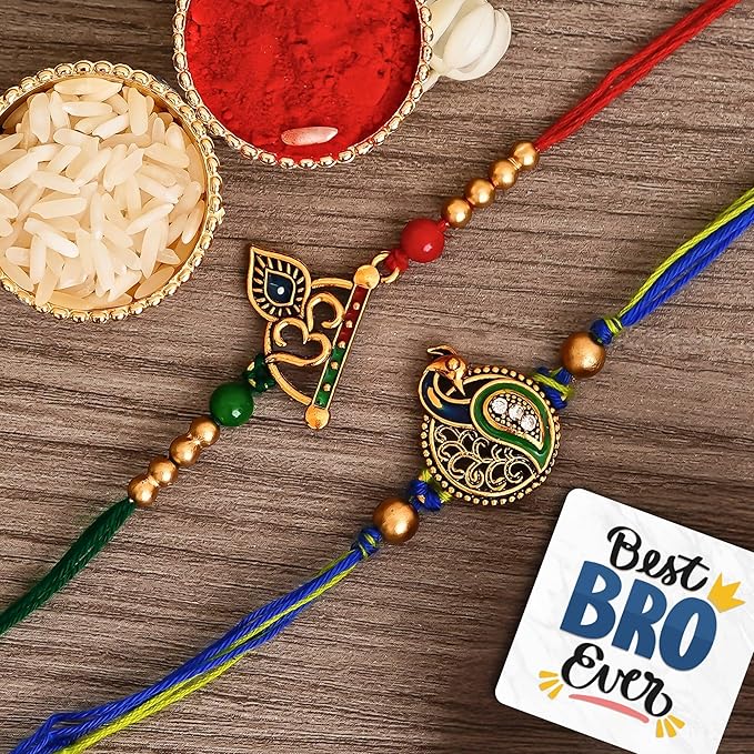 eCraftIndia Set of 2 Multicolor Om Symbol and Peacock Designer Religious Rakhis with Roli Chawal Pack and Best Bro Ever Fridge Magnet - Rakhi for Brother, Bhaiya, Bhai