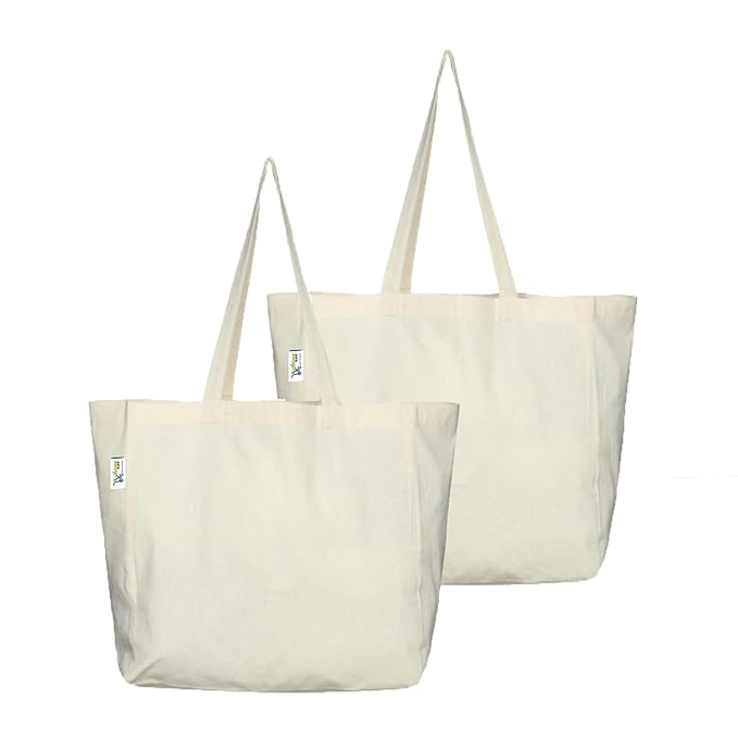 [Apply Coupon] - VantageKart Natural Cotton Plain Tote Shopping Bags with Cross Stitching | Heavy Duty, Washable, Eco Friendly Biodegradable Canvas Multipurpose Grocery Tote Bag - Set of 2