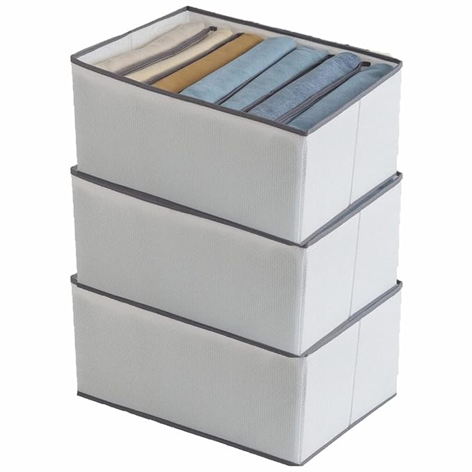 JD FRESH 3 Pcs 7 Slot Non-Woven Fabric Cloth Organizer for Storage/Foldable Wardrobe Organizer/Multipurpose Organisers Storage Box for clothes/Shirts/T-Shirts/Dress/Sweaters/Jeans(White)