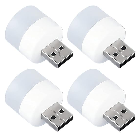 E-COSMOS Plug in Led Night Light Mini USB Led Light Flexible USB Led Ambient Light Mini USB Led Light, Led Portable Car Bulb, Indoor, Outdoor, Reading, Kitchen,Sleep (4 Pcs) - Plastic, White