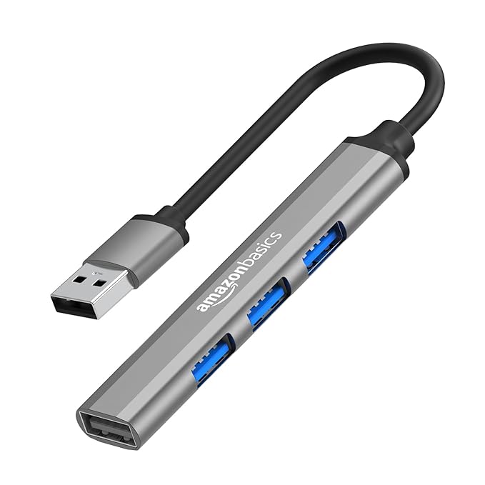 Amazon Basics 4-in-1 Hub Multiport Adapter, USB Hub with Aluminium Shell, 1 x USB 3.0 & 3 x USB 2.0 for PC, MacBook, Mac mini, iMac, Tablet, and Mobile Phones