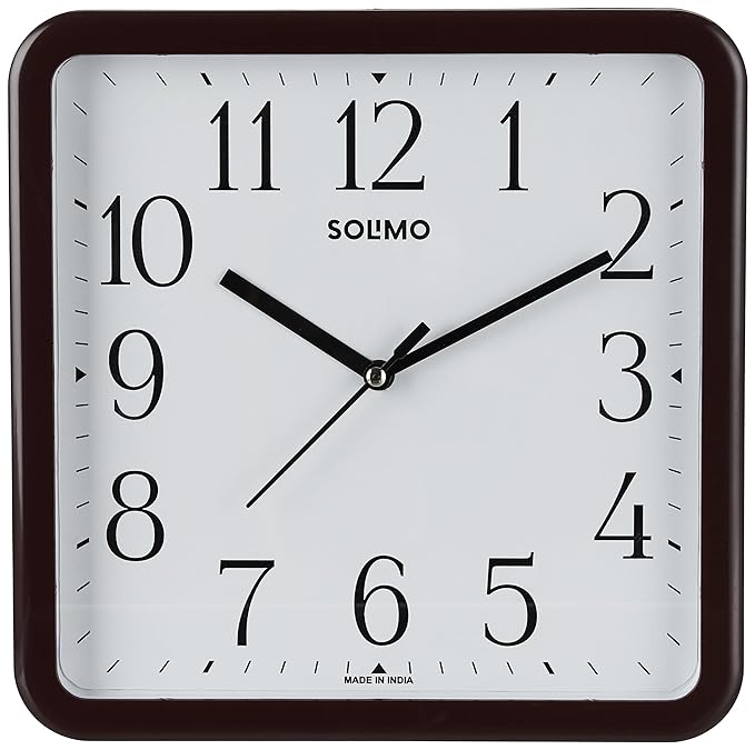 Amazon Brand - Solimo Square Wall Clock | Plastic | 9.5 Inch | Brown