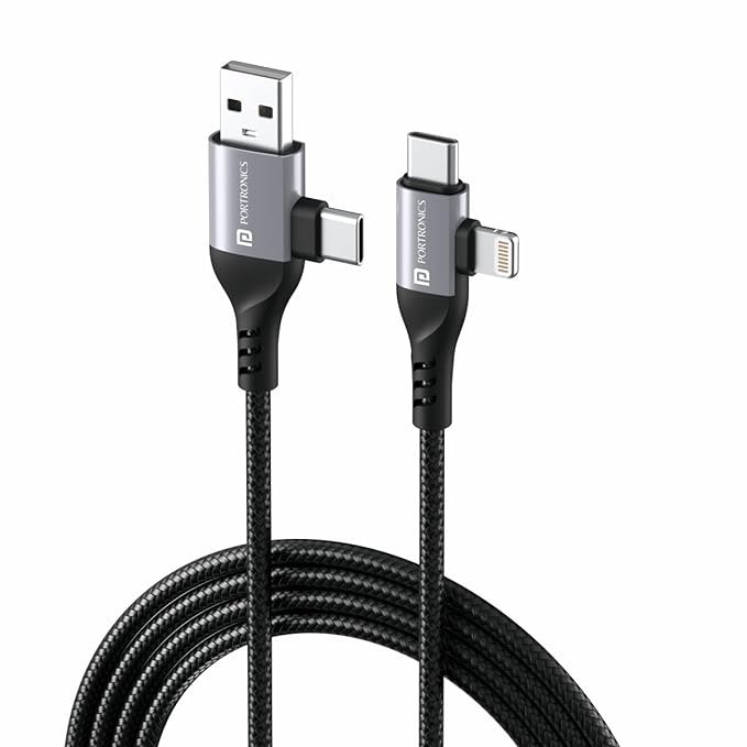Portronics Konnect 4 IN 1 Unbreakable Nylon Braided Multi Functional Fast Charging Cable with Fast Data Transfer,Compatible with All Type C Android Smartphone & Lighting Device etc.(Black)