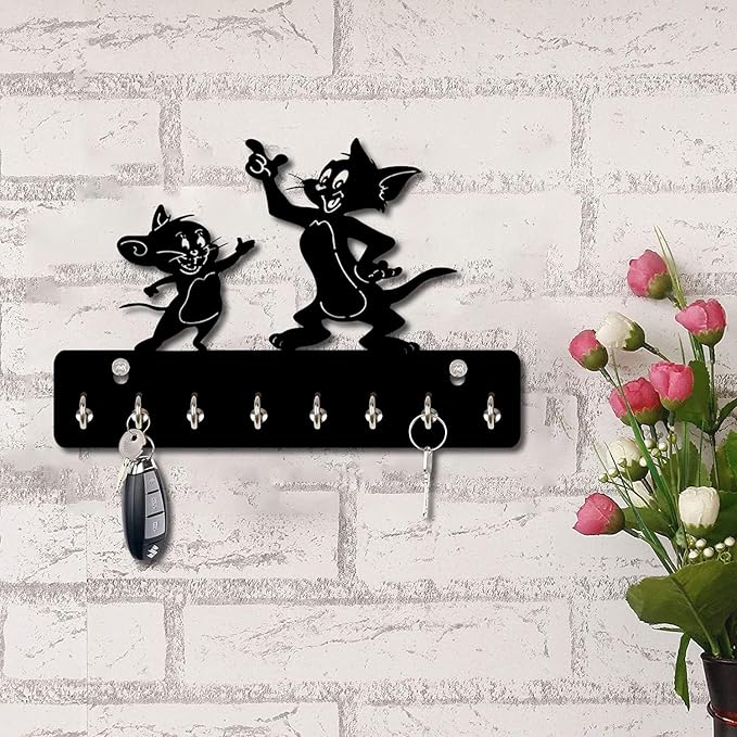 [Apply Coupon] - RHT Tom & Jerry Designer 8 Hooks Entryway for Kitchen | Office Wall Mount Decorative Keys Organizer & Key Holder (Black)