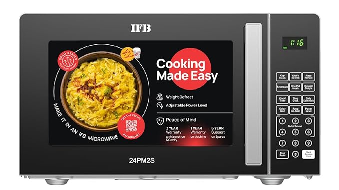 IFB 24L Solo Microwave Oven with 69 Auto Cook Menus (24PM2S, Silver, Mug Recipes, Steam Clean, Auto Reheat, Preset Timer, Power Save, Child Safety Lock, 10 Power Levels)
