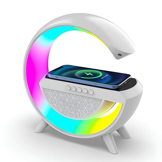 VEHOP Multi-Function Bluetooth Speaker Lamp with Wireless Fast Charging, RGB Light with 8 Music Sync Modes, Dimmable Night Light Bedside Lamp for Android & iOS