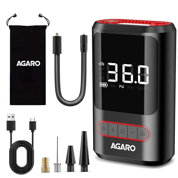 AGARO Galaxy Cordless Tyre inflator , for Cars & bikes, up to 150 PSI , 2X2000 mAh battery, Power Bank, LED flash light, Rechargeable Type C Port, Digital Display, Multiple Nozzles, Plastic