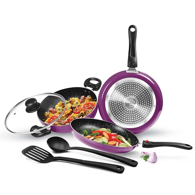 Milton Pro Cook Induction Cookware & Gas Stove Friendly Kitchen Jewel Set | 5 Pc Non-Stick Cookware Set | Kadhai with Lid, Fry Pan, Tawa, Laddle & Spatula | 5-Layer Non Stick Coating | Dark Purple