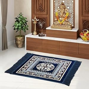 STATUS Traditional Carpet/Pooja Mat|Square Shape|Mat for Home Temple | Pooja Assan 18x18 inch (Blue)