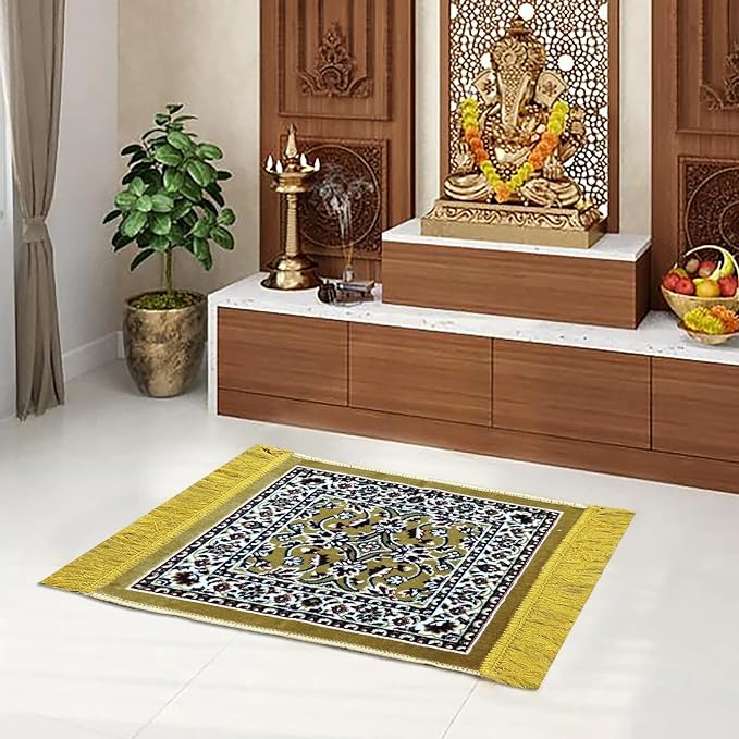 STATUS Traditional Carpet/Pooja Mat | Square Shape | Mat for Home Temple | Pooja Assan 18x18 inch (Beige)