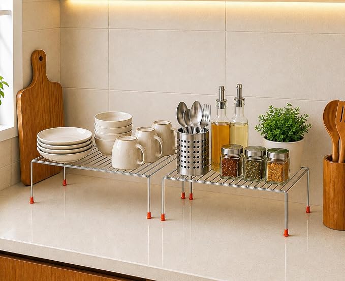 Stainless Steel Under Cabinet Kitchen Dish Rack Expandable Storage Floating Shelves For Kitchen Multipurpose Organizer Extend Up To 580 Mm With Anti-Rust Nano Coating(Pack Of 2)(Nhsp)