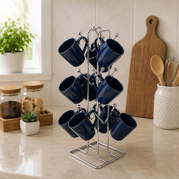 Silver Stainless Steel Tabletop Cubby Shelf Cup Rack - Ideal for Kitchen, Coffee, and Tea Mug Display, Elegant Dining Table Cup Holder for 12 Cups (Pack of1) (NHSP)