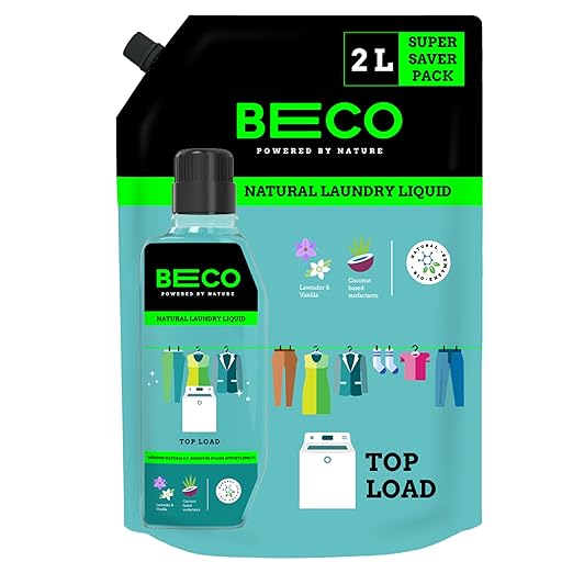 Beco Natural Liquid Detergent Top Load - 2L Refill Pack | Tough Stain Removal | Lavender & Vanilla Freshness | Retains Brightness & Shine | Chemical Free | Top Load Washing Machine Detergent Liquid