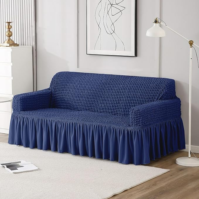 Cortina Elastic Stretchable Universal Sofa Cover with Skirt, Three Seater (180-260 Centimeters), Navy Blue