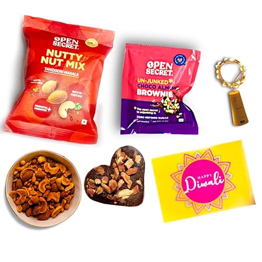 Open Secret Christmas & New Year Gift Hamper with Chocolate Brownies and Healthy Dry Fruit and Nuts | 4 Item Gift Combo - Choco Almond Brownie, Dry Fruit & Nut Mixes, Decoration Lights and Special Card - Corporate Gift for X-mas and New Year