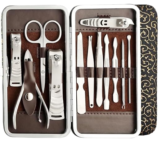 Beauté Secrets Basics Manicure Set Nail Clippers, Stainless Steel Nail Scissors Grooming Kit, Acne needle, Blackhead Tool Leather Travel Case (Silver)