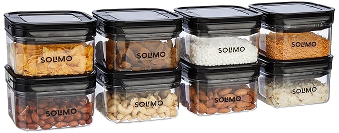 Amazon Brand - Solimo Airtight Plastic Storage Jar and Container Set-I | BPA Free | Multipurpose Storage | 450ml Each, Set of 8 (Black)