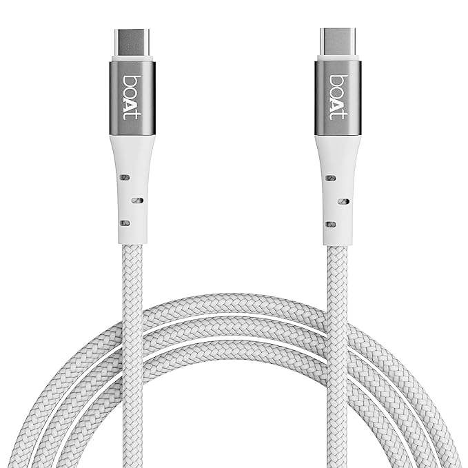boAt Type-C C300 Tangle-Free, Sturdy USB Cable w/ 60W/3A PD Fast Charging, Compatible w/Xiaomi, Oneplus, Samsung, Vivo & Oppo, 480 Mbps Data Transmission Speed, Nylon Braided Skin & 1.5m Length(White)