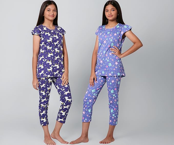 TotzTouch Girls Night Dress | Pajama Set | T-Shirt and Capris 3/4th Pant Pink,Purple, White, Violet, Blue Printed (Age 3 to 15 Years)