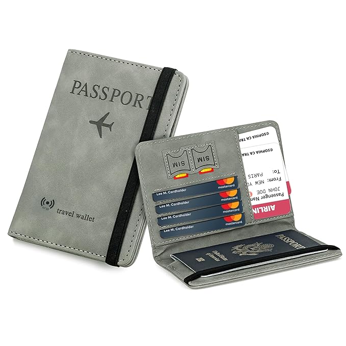 Storite Grey RFID Blocking PU Leather Travel Passport Holder Cover Travel Wallet Organiser Passport Case Travel Document Organiser for Men & Women (14.58 X 11CM- Grey)