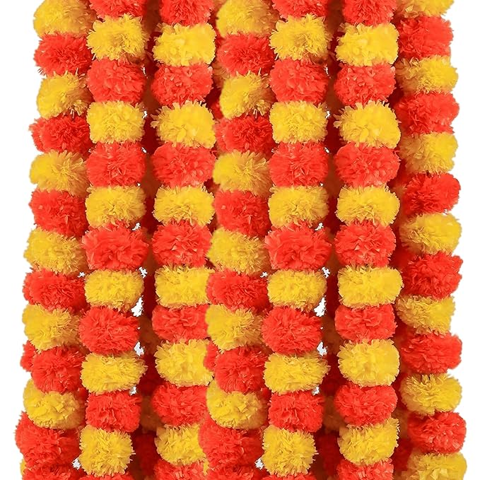 DRYPHON Artificial Flowers for Decoration, Marigold Garlands Decoration Home Decor Items, Diwali Decoration Items for Home Decor, Pooja Room Decorations, Ganpati Decoration (Multicolour, Pack of 10)