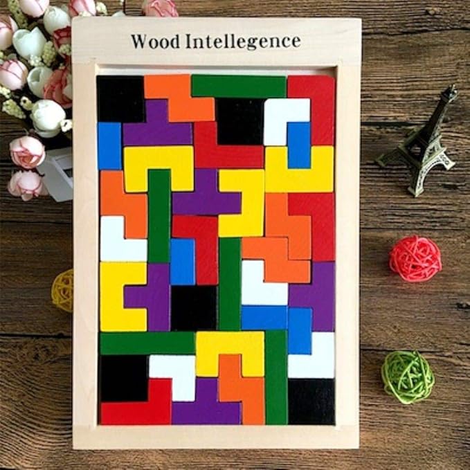 [Apply Coupon] - JABA'S Wooden Tetris Puzzle Brain Teaser Toy Colorful Jigsaw Game Montessori Intelligence Educational Gift for Baby- Toddlers, Kids 2-6 Years Old Boys Girls - 40 Pcs, Multi Color