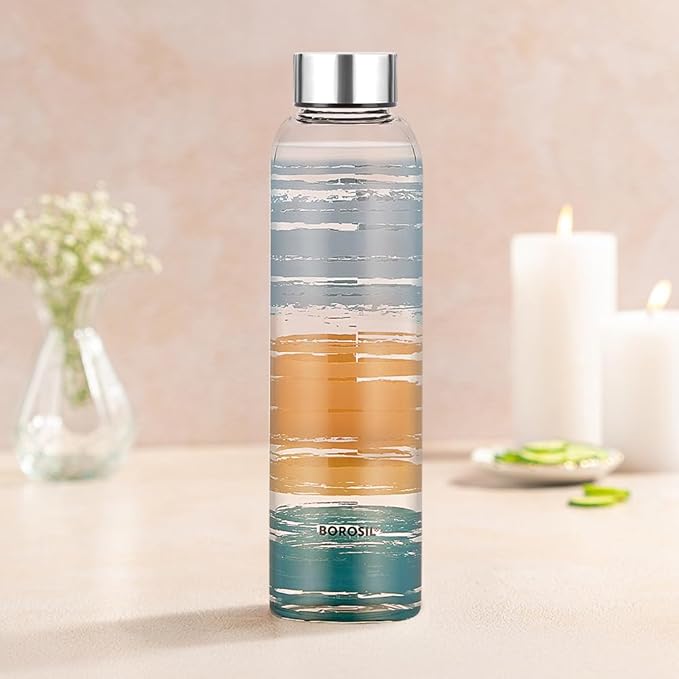 Borosil Artisan Series Glance 550ml Narrow Mouth Glass Bottle with Metal Lid | 100% Borosilicate, Fridge Safe, Leakproof, Easy to Carry | Store Water, Lassi, Juice, Smoothies | Dishwasher Safe