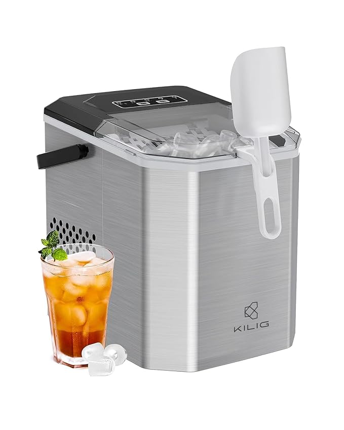 Kilig G01 Stainless Steel Ice Maker Machine 6 Mins 9 Bullet Ice, Portable Ice Maker Machine with Self-Cleaning, Ice Scoop, and Basket, Ice Maker for Kilig Home/Kitchen/Office/Party