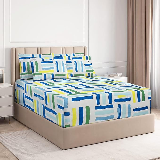 BSB HOME Premium Cotton All Round Elastic Fitted Bedsheets with 2 Pillow Covers | Double Bed with Longlasting 180 TC Supersoft Wrinklefree | for 78x72+10 Mattress (Striped, Green & Blue)