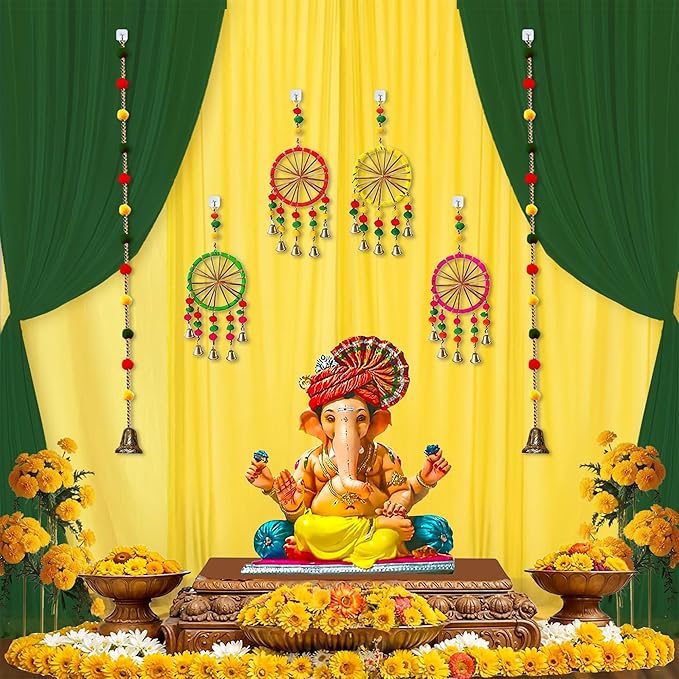 Party Propz Ganpati Decoration Setup for Home, Green and Yellow Backdrop Decorations with Pom Pom Hangings, Ganpati Decoration Backdrop, Haldi and Mehendi Decorations Setup(17Pcs)(Satin)