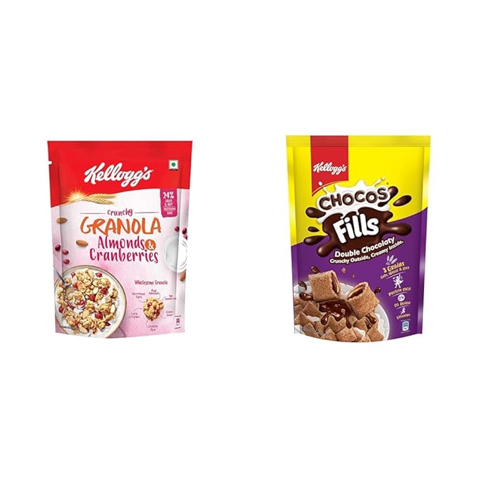 Kellogg's Crunchy Granola Almonds & Cranberries 140g 24% Multigrain Breakfast Cereal + Kellogg's Chocos Fills Double Chocolaty, 3 Grains: Oats, Wheat & Rice, Protein & Vitamin Rich, 0% Maida