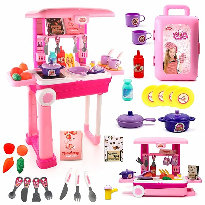 Chanak Kitchen Suitcase Set for Girls, Colorful Pretend Play Cooking Set for Girls with 23 Pieces, Portable Kitchen Set for 3 Years, BIS Approved.