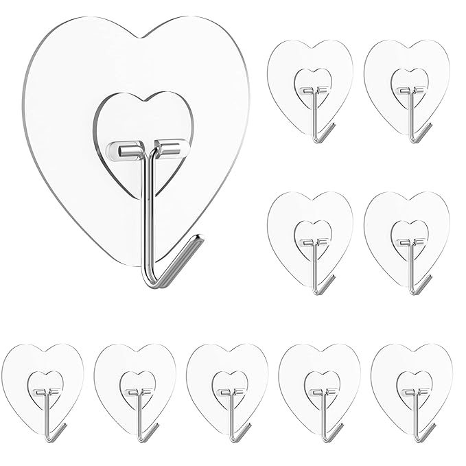 JIALTO 10 Pcs Love Shape Wall Hanging Hooks for Wall Without Drilling, Self Adhesive Hooks for Heavy Duty Strong Love Hook Home Accessories Items