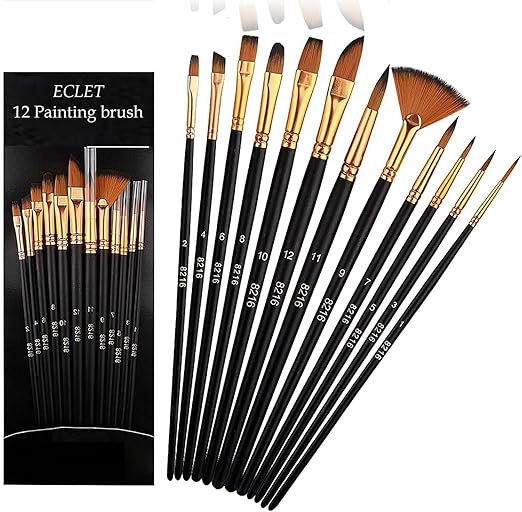 Eclet Craft Painting Brushes Set of 12 Professional Round Pointed Tip Nylon Hair Artist Acrylic Paint Brush for Acrylic/Watercolor/Oil Painting (Af)