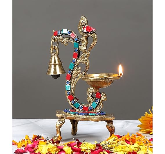 Two Moustaches Gemstone Work Ethnic Carved Peacock Design 100% Pure Brass Diya with Bell , Brass Antique Oil Lamp, Diyas for Home , Size - 8 Inches , Standard , Pack of 1