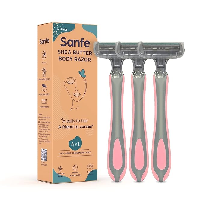 [Apply Coupon] - Sanfe Shea Butter Body Razor for Women's Hair Removal - Pack of 3 with New No Cut Technology | Comfortable Handle | Instant & Pain Free Remover | Protective Sleeve and Anti-Slip Grip