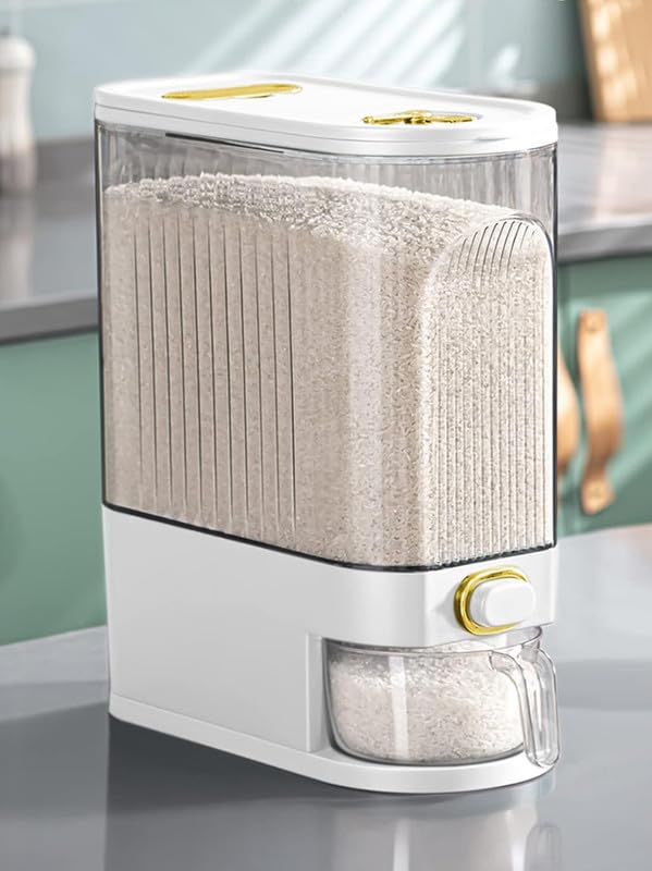 MosQuick® 10 KG Storage Containers for Kitchen Clear food grade Rice Dispenser, Large Grain Container with Lid Measuring Cylinder Moisture Proof Household Cereal Dispenser Bucket for Kitchen white