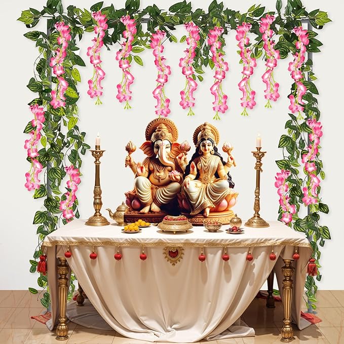 Party Propz Pink Wisteria Artificial Flowers for Decoration - 12Pc(3.6ft), Artificial Leaves- 2Pcs (8ft), Diwali Decoration for Home Decor, Diwali Decoration Hannging, Flowers for Decorations Backdrop
